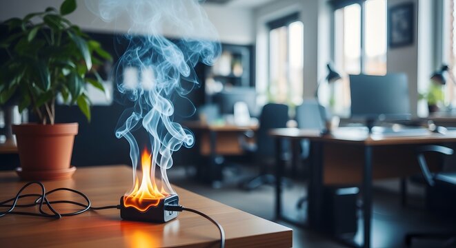 Electrical fire in office setting with smoke and flames