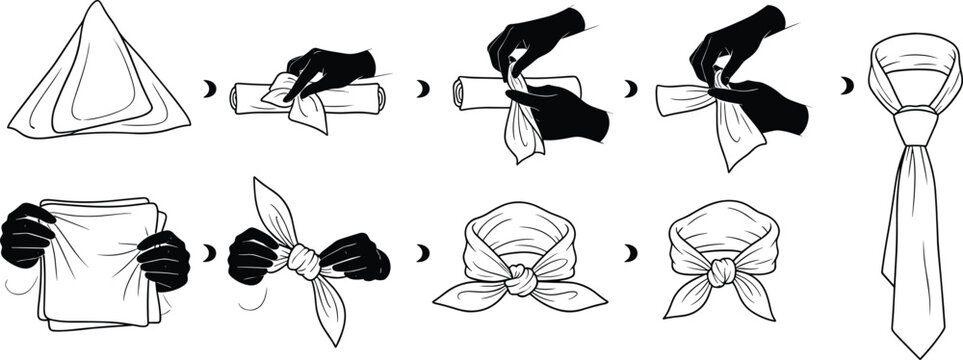 Necktie and scarf tying methods set with step by step knot styles, fashion accessories guide, and clothing detail illustrations