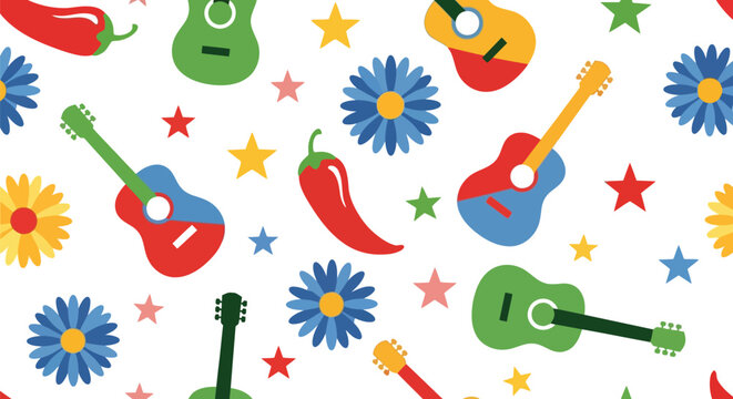 Colorful Mexican guitar vector pattern with flowers, stars, and chili peppers seamless background