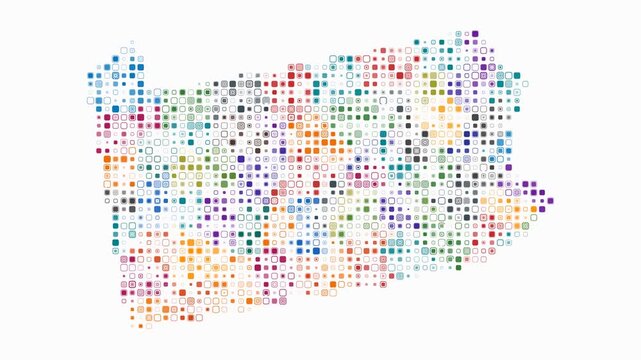 Pennsylvania animated shape. Pulsating colored dots on the map of the state. Small size rounded square blocks. Digital style Pennsylvania map on white background. Plain animation video.