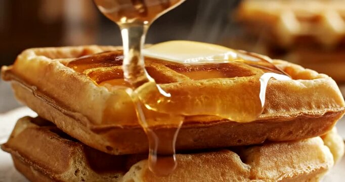 Syrup being poured on stacked waffles.