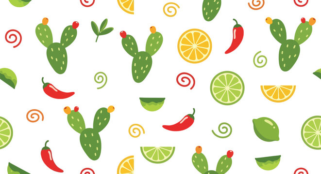Mexican food seamless vector pattern with cactus, chili pepper, lime, and orange slices