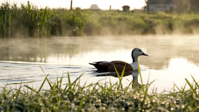 An indian runner duck swims through misty pond surrounded by lush green grass and vegetation at sunrise.