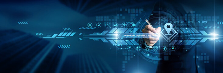 Geographic information system concept. Industry person point geographic information system GIS map data world location technology digital network analysis satellite information solution. © CyberFrame
