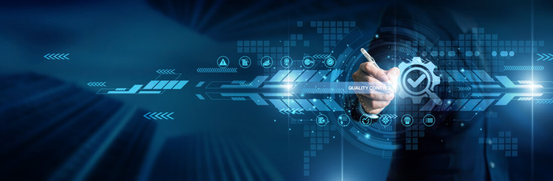 Quality control concept. Industry person point quality control inspection production system world industry standard testing process management product checking technology improvement safety.