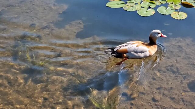 The indian runner duck swims peacefully across the serene pond surrounded by lily pads.