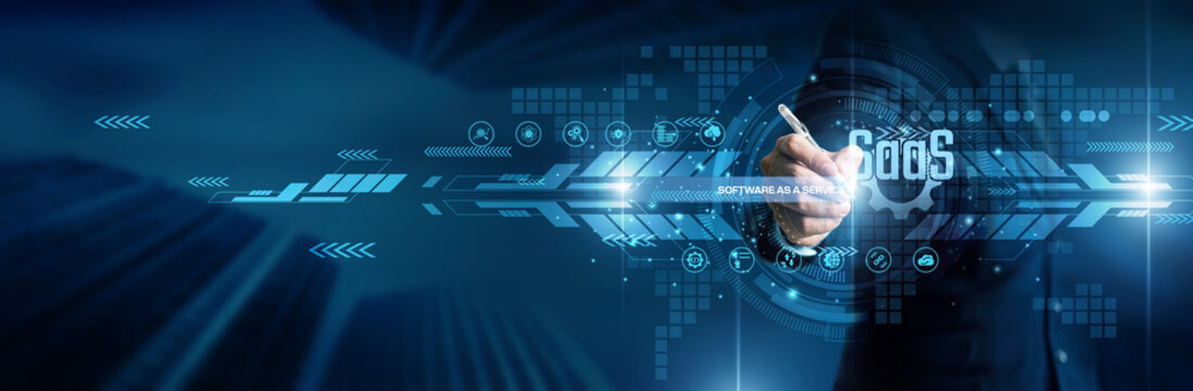 Software as a service concept. Industry person point software as a service cloud system digital platform world technology online application data network business solution.