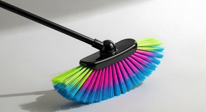 Colorful broom with vibrant pink blue and green neon bristles sits on a clean white studio floor for modern domestic housework cleaning tasks
