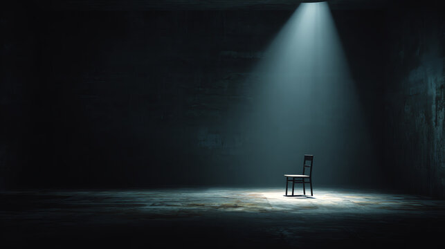 A solitary chair illuminated by a single beam of light in a dark, empty room evokes feelings of isolation and introspection.