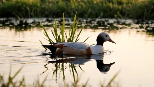 A serene indian runner duck glides across the calm lake surrounded by lush greenery and tall grasses at sunrise.