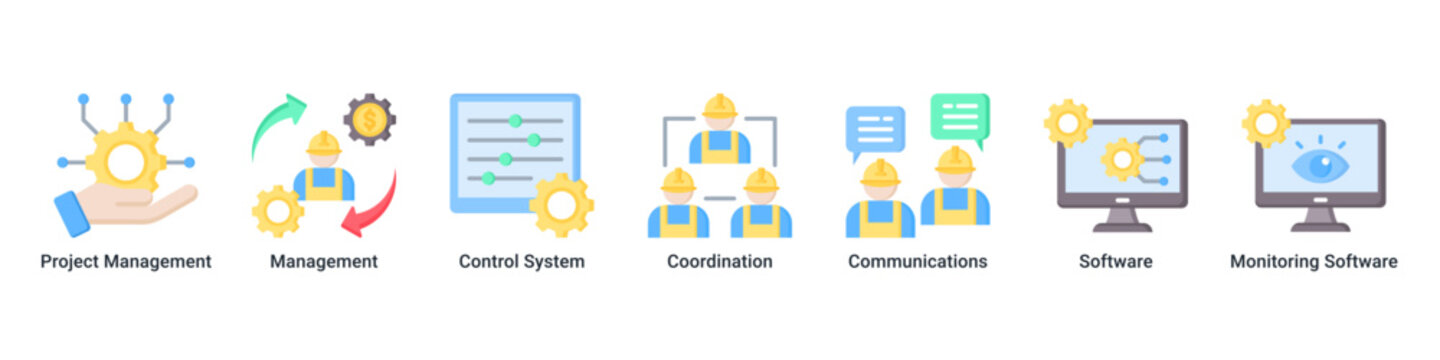 Management System web banner icon vector illustration with icons of Project Management,Management,Control System,Coordination,Communications,Software and Monitoring Software