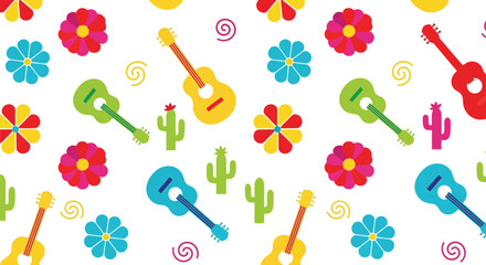 Colorful Mexican guitar and flower seamless vector pattern with cactus on white background © azad