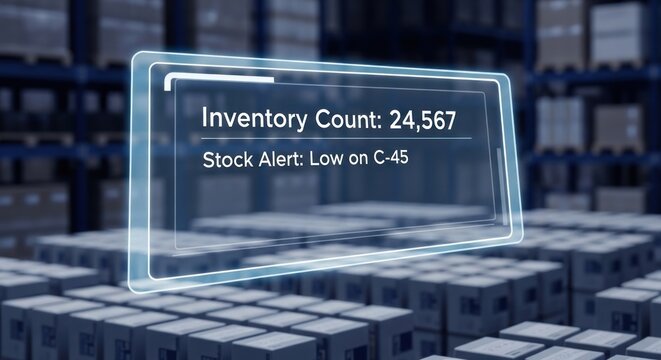 Holographic inventory management system with stock count low item alert over rows stacked warehouse boxes, for logistics optimization supply chain monitoring technology
