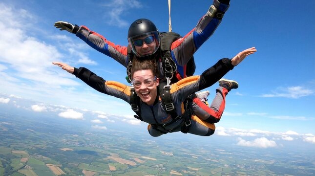 Excited Woman Tandem Skydiving with Instructor Above Scenic Landscape.