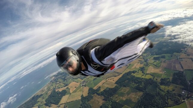 Man in wingsuit flying over landscape with clouds.