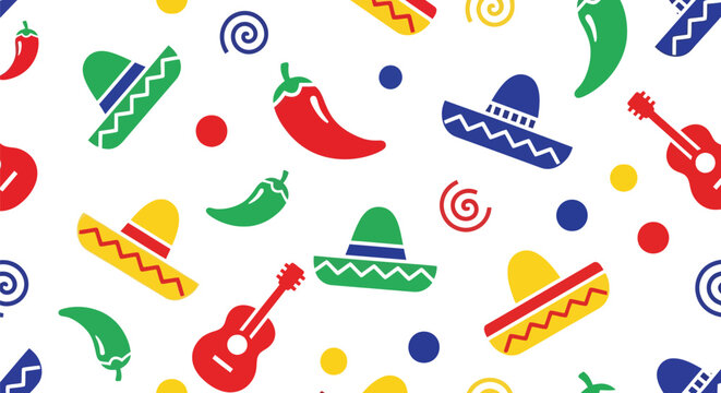Mexican fiesta seamless vector pattern with sombreros, chili peppers, guitars, and festive elements