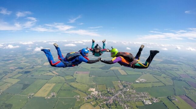 Three skydivers in colorful jumpsuits holding hands in freefall above green fields and a small town under a blue sky.