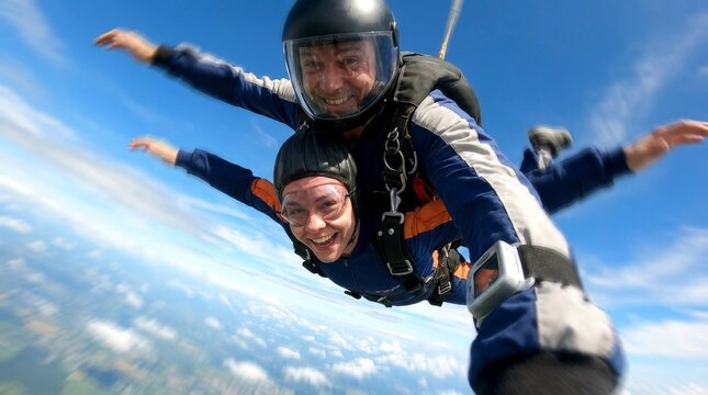 Thrilled Woman Tandem Skydiving with Instructor Against Blue Sky.