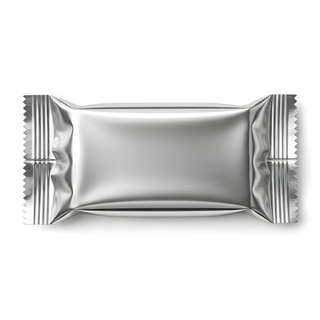 Shiny silver foil wrapped snack or candy bar packaging on white background
