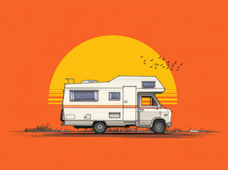 Obraz premium Vintage camper van stands against vibrant sunset backdrop, showcasing sense of adventure and freedom. warm colors evoke nostalgia and joy of road trips
