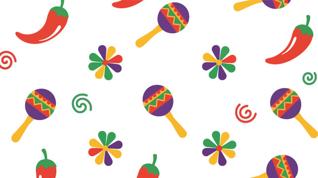 Mexican fiesta vector pattern with maracas, chili peppers, and colorful festive elements