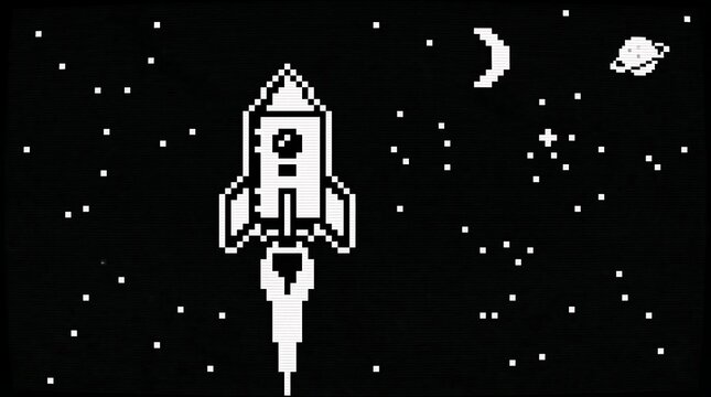 Retro Pixel Art Rocket Launching in Deep Space