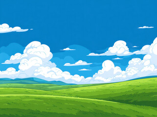 Fototapeta premium Vibrant illustration of green meadow under bright blue sky filled with fluffy white clouds, creating serene and peaceful atmosphere. landscape evokes feelings of tranquility and natural beauty