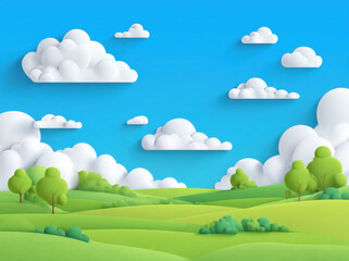 Fototapeta premium Vibrant landscape features rolling green hills under bright blue sky filled with fluffy white clouds. scene evokes sense of tranquility and natural beauty, perfect for relaxation