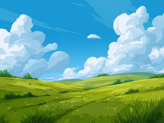 Fototapeta premium Vibrant landscape featuring green meadow under bright blue sky filled with fluffy white clouds. scene evokes sense of tranquility and natural beauty, perfect for outdoor themes