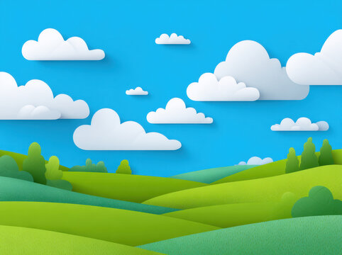Vibrant landscape featuring rolling green hills under bright blue sky adorned with fluffy white clouds creates serene and cheerful atmosphere