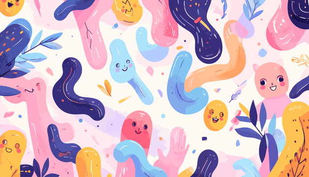 Vibrant illustration of smiling worms and leaves in a whimsical pattern