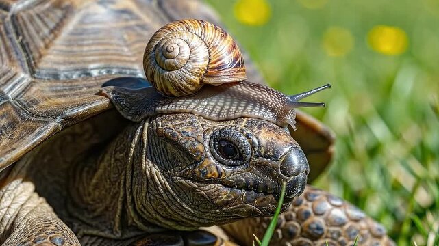 Slow Snail Riding Gentle Tortoise in Lush Green Grass - Macro Nature Duo
