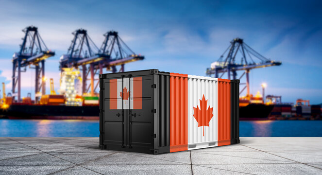 Canadian Trade Embargo: Illustrating the global flow of trade, Canadian flags adorn cargo containers, symbolizing import and export amidst the backdrop of a bustling harbor.