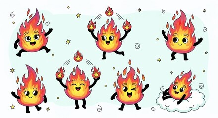 Fototapeta premium Playful Cartoon Fire Characters with Expressions and Activities