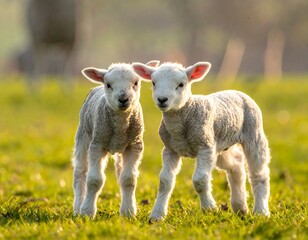 Obraz premium Two fluffy lambs standing closely in a sunny, vibrant green field, looking directly at the viewer