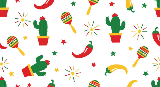 Mexican fiesta vector pattern with cactus, maracas, chili peppers, and festive elements