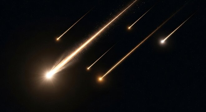 Multiple bright orange meteors with long glowing fire trails streaking across a pitch black night sky during a massive celestial meteor shower event