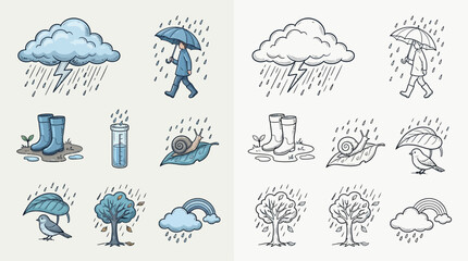 Fototapeta premium Collection of hand-drawn illustrations depicting various elements associated with rainy weather and nature.