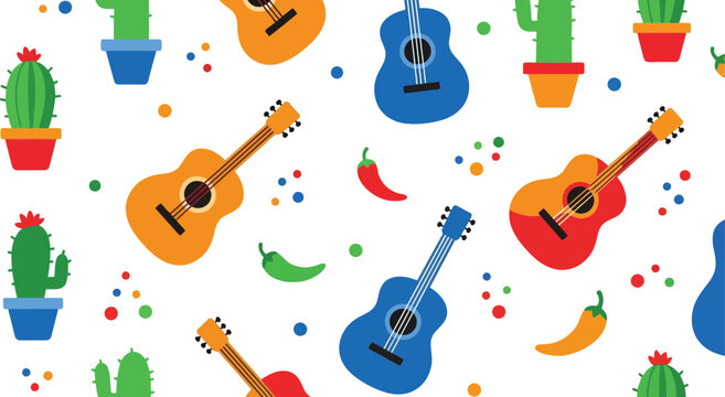 Mexican fiesta seamless vector pattern with guitars, cacti, chili peppers, and colorful confetti