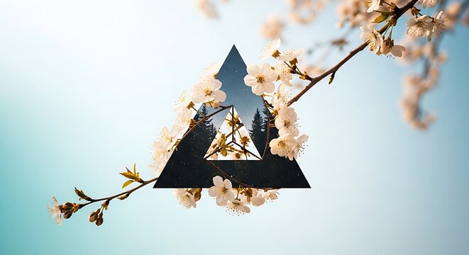 White cherry blossom branch with pink flowers and a geometric triangle overlay showing a dark pine forest against a soft blue sky background