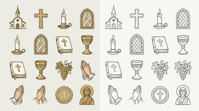 Collection of religious symbols and icons, including churches, crosses, candles, Bibles, chalices, grapes, praying hands, and figures of saints, presented in both colored and line-art versions.