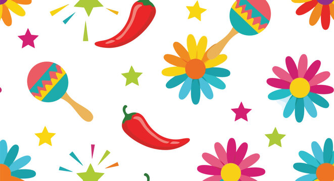Fiesta seamless vector pattern with maracas, chili peppers, and colorful flowers on white