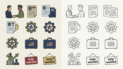 Fototapeta premium A collection of icons representing career transition, job seeking, and military to civilian employment opportunities.