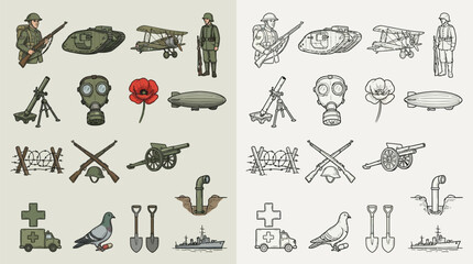 Collection of World War I military icons and symbols, presented in both color and monochrome versions. © renender