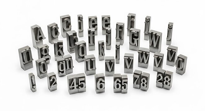 Metal letterpress type blocks with alphanumeric characters on white background