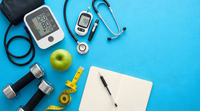 Healthcare and fitness equipment, including a stethoscope, blood pressure monitor, glucose meter, dumbbells, and measuring tape, arranged on a blue background