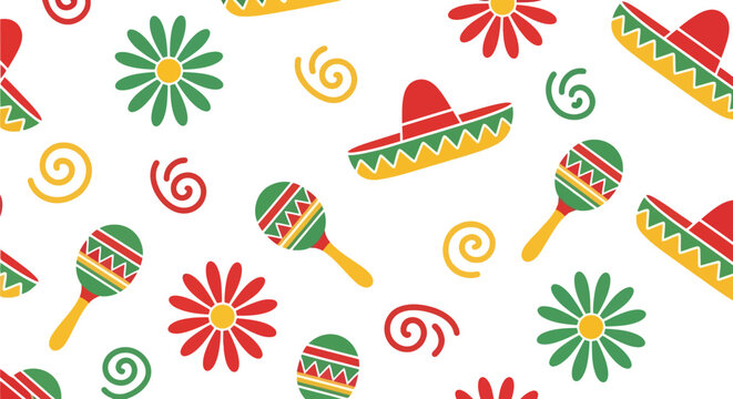 Mexican Fiesta Vector Pattern with Sombrero, Maracas, Flowers and Swirls Seamless Design