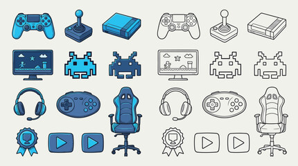 A collection of colorful and outline illustrations of gaming equipment and retro video game characters. © renender