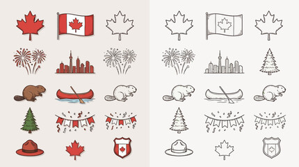 A collection of Canadian-themed illustrations featuring iconic symbols like maple leaves, flags, beavers, and cityscapes, presented in both colored and outline versions. © renender