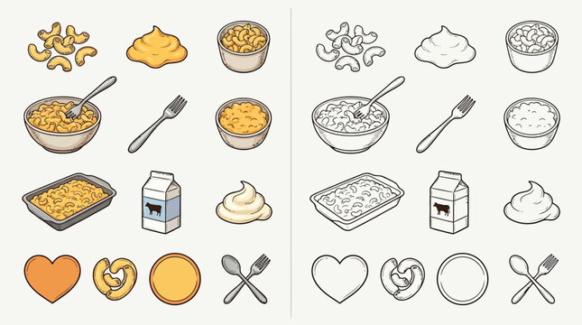 A collection of isometric illustrations depicting various forms of macaroni and cheese, including ingredients and serving dishes.